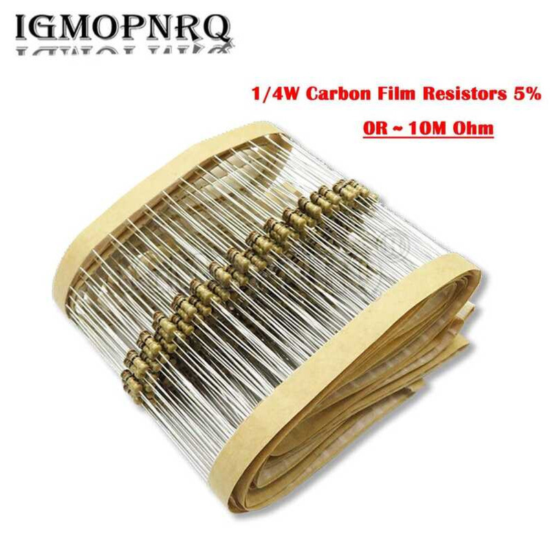 ชิ้น 100 5% 1/4W ตัวต้านทานฟิล์มคาร์บอน 1R-10M 1K 5K 10K 4K7 100K 560K 1M 3M3 โอห์ม วงแหวนสี ต้านทาน