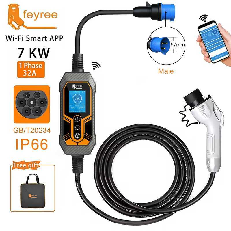 Feyree ที่ชาร์จรถยนต์ไฟฟ้าแบบพกพา GB/T 32A 7KW 1 เฟส รุ่น APP Bluetooth EVSE 11KW 16A 3 เฟส สายเคเบิ