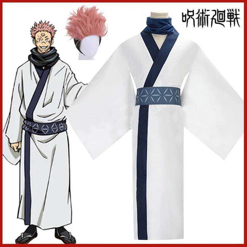 C Anime Jujutsu Kaisen Ryomen Sukuna Cosplay Costume Kostuum Pruik Japan White Kimono Wig Outfits H