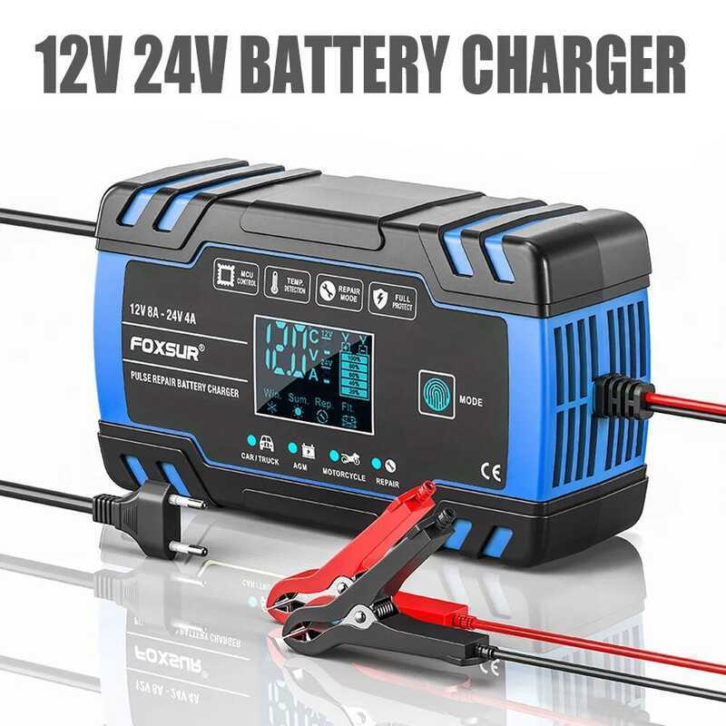 FOXSUR ใหม่ 12V 24V 8A อัตโนมัติ 3 ขั้นตอน ซ่อมแซมด้วยพัลส์ จอแสดงผล LCD เครื่องชาร์จแบตเตอรี่รถยนต์