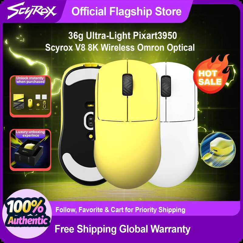 SCYROX เมาส์เกมมิ่ง V8, 36g, ไม่มีรู, รวมดองเกิล 8K, Pixart 3950, สวิตช์ไฟ Omron V8, 36g, ไม่มีรู,