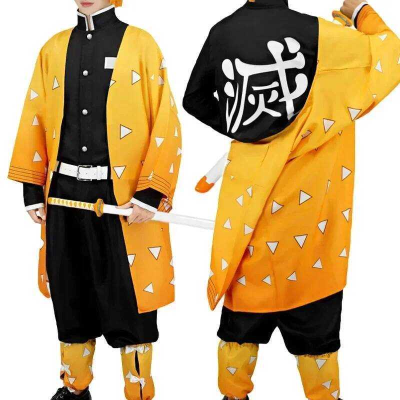 C Adulte/Enfants Anime Agatsuma Zenitsu Cosplay Costume Perruque Chaussures Hommes Kimono Jaune Cap