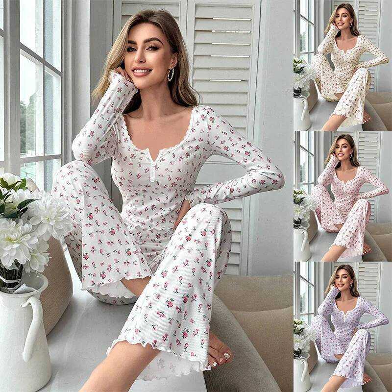 C Sleepwear Women Ral Print Lettuce Trim Top With Long Pant Lovely Loungewear Full Sleeve Nightwear