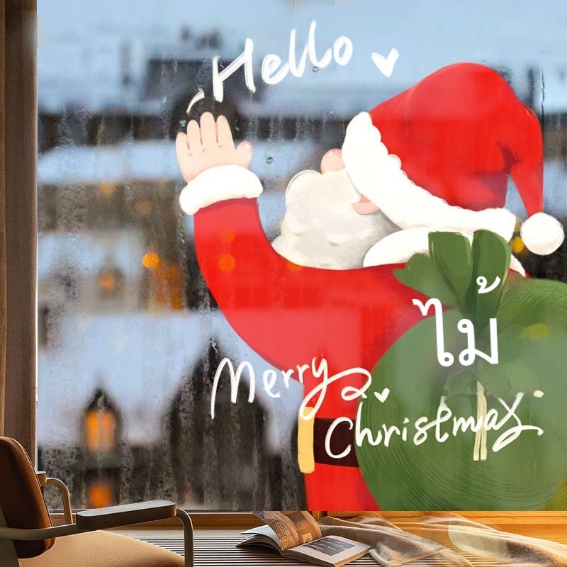 คริสต์มาสซานตาคลอสสติกเกอร์ตกแต่งตกแต่งร้านค้าหน้าต่างตะแกรงหน้าต่างสติกเกอร์ไฟฟ้าสถิตกระจก