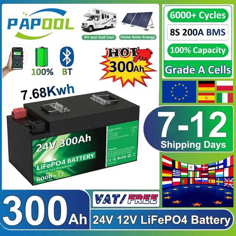LiFePO4 แบตเตอรี่ลิเธียม 24V 300Ah 200Ah 100Ah 340Ah 140Ah 12V ระดับ A 6000 รอบ สำหรับโซลาร์ RV รถกอ