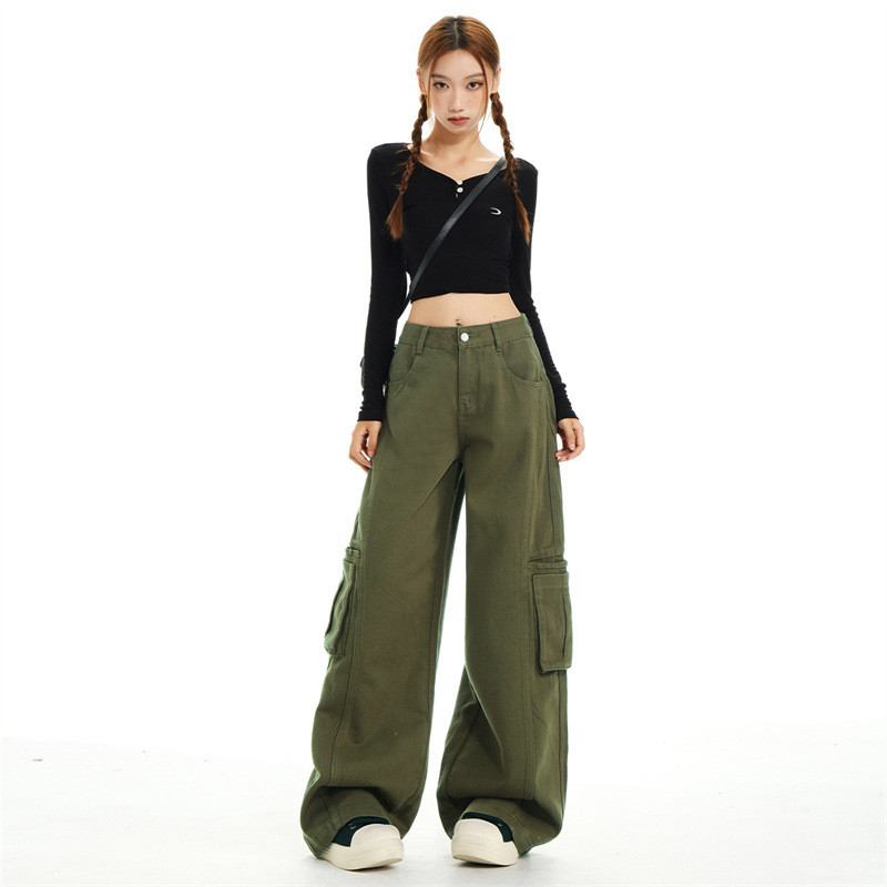 Army Green Mid-Waist Retro Overall Jeans Multi-Pocket Casual Wide-Le