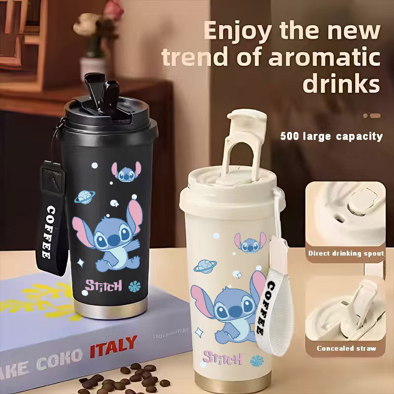 TERMOS Disney Stitch Angel Ohana Tumbler กาแฟถ้วยสแตนเลส 500 ML แก้วสูญญากาศ Thermos ถ้วยกาแฟ CUPLXS