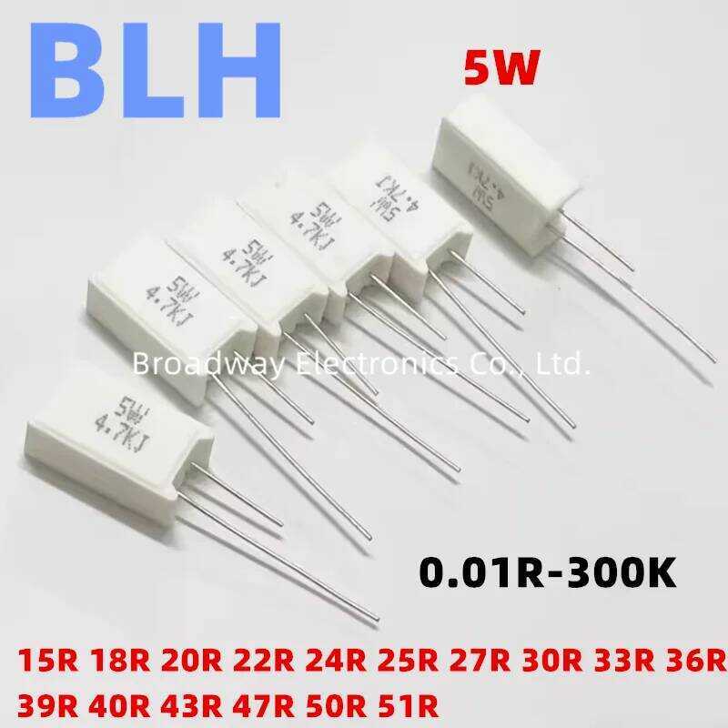 ชิ้น 10 ตัวต้านทานซีเมนต์แนวตั้ง SQM 5W 5% 15R 18R 20R 22R 24R 25R 27R 30R 33R 36R 39R 40R 43R 47R 5