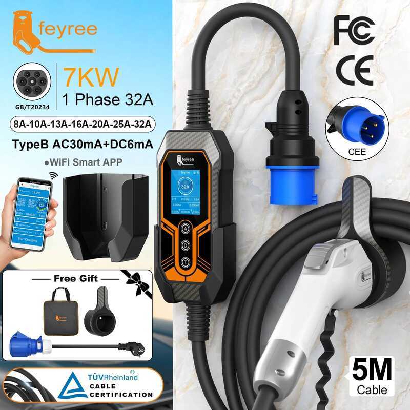 Feyree ที่ชาร์จรถยนต์ไฟฟ้า รุ่นพกพาที่ได้รับการอัปเกรดพร้อมติดผนัง 7KW 32A 1 เฟส กล่องชาร์จ EVSE ปลั