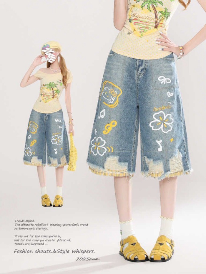 Retro การ์ตูน Graffiti Ripped พิมพ์ Denim ผู้หญิง High-End หลวม Wide-Leg Cro