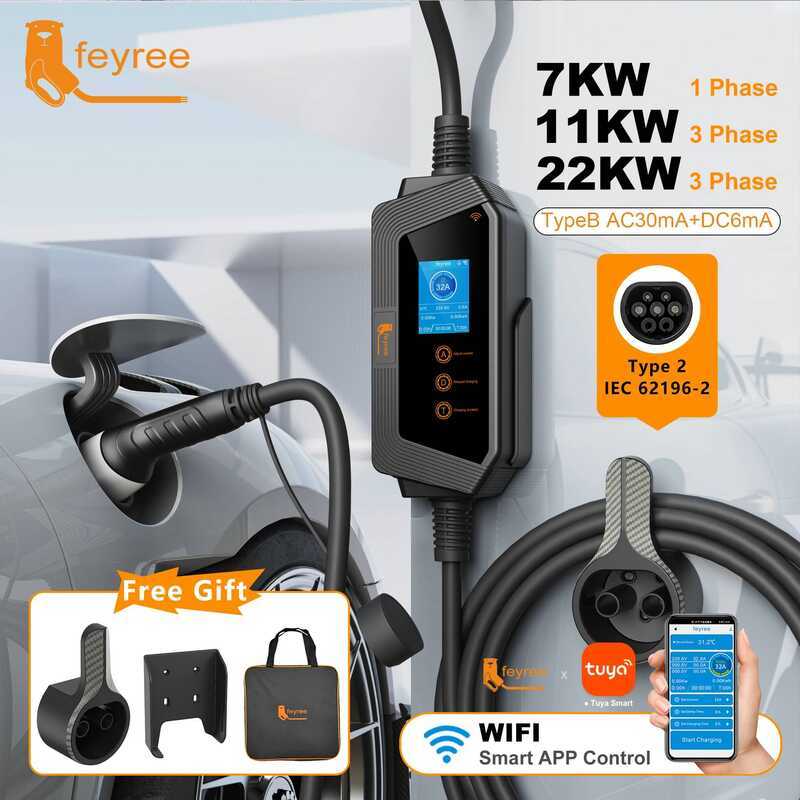 Feyree ที่ชาร์จรถยนต์ไฟฟ้าแบบพกพา Type2 22KW 11KW 3P ชาร์จเร็ว 32A 7KW 1P ควบคุมผ่านแอปสมาร์ทโฟน Wi-