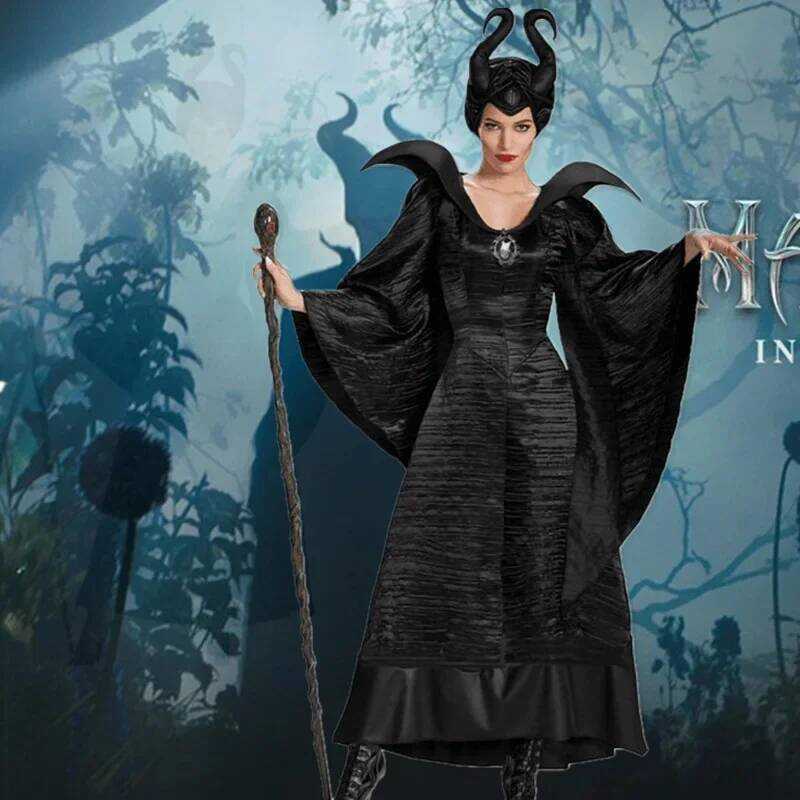 C Halloween Witch Costume Adult Lo Robe Sleepy Hollow Maleficent Black Devil Role Play Outfit Cospl