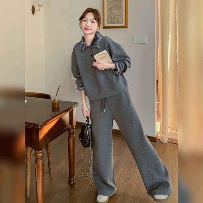 สูทแฟชั่นสตรี สีเทาสบายๆ สไตล์คล่องตัว สำหรับต้นฤดูใบไม้ผลิ กางเกงขาใหญ่ได้รับความนิยมในปีนี้