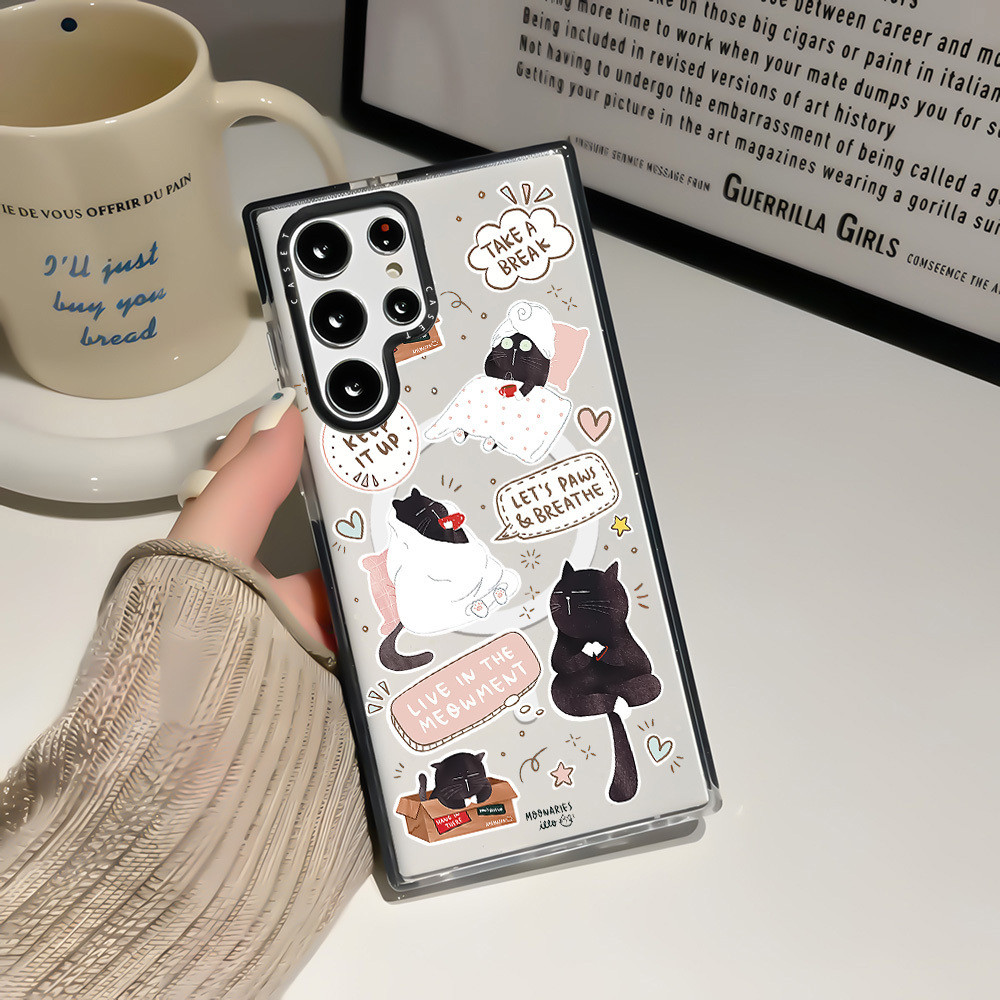 สีไร้สายชาร์จแม่เหล็กสําหรับ Galaxy S23ULTRA S24ULTRA S25 ULTRA ฝาครอบน่ารักการ์ตูนแมวสีดําน้อย A55 A56 ซิลิโคนนุ่มกันชนกันกระแทก