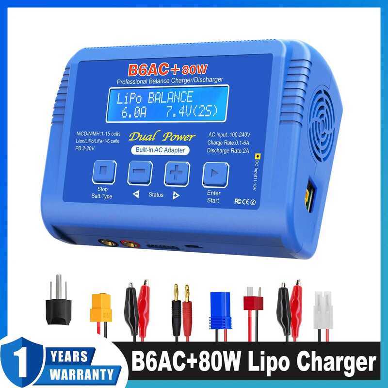 B6AC ที่ชาร์จดิจิตอล 80W Lipo RC สำหรับแบตเตอรี่ LiPo Life Li-ion 1-15S NiCD NiMH PB