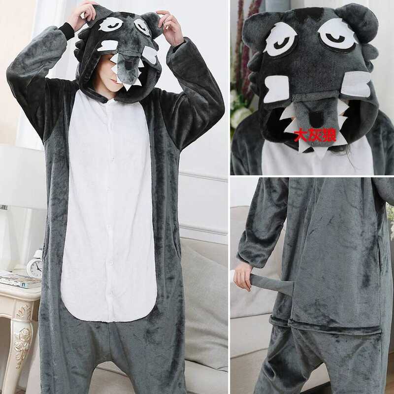 C Wolf Onesies Kigurumi Flannel Cartoon Pajamas Women Men Animal Pyjamas Homewear Christmas Hallowe