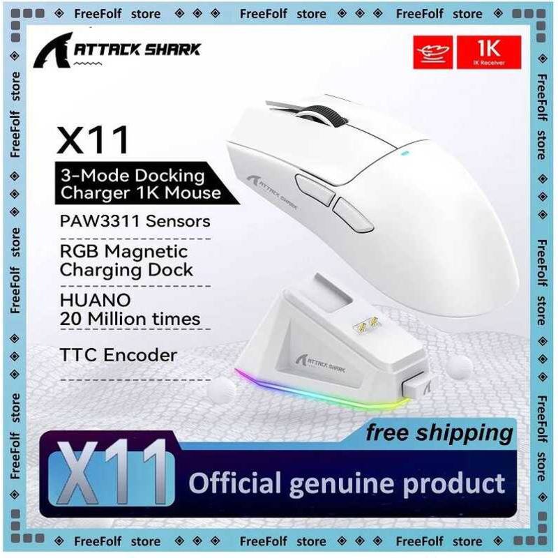 Attack เมาส์ไร้สาย Shark X11: 3 โหมด 2.4GHz/มีสาย/บลูทูธ, PAW3311, 22000DPI, 400IPS, เมาส์เกมมิ่ง PC
