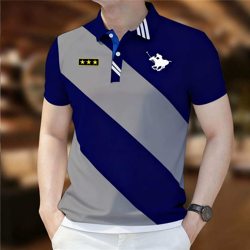 เสื้อโปโลผู้ชายเสื้อผ้าผู้ชายสายบล็อกเสื้อโปโลผ้าอาเซียนโปโลด้านบนลายขนาดใหญ่สีบล็อกสวมใส่ถนนกลางแจ้ง08