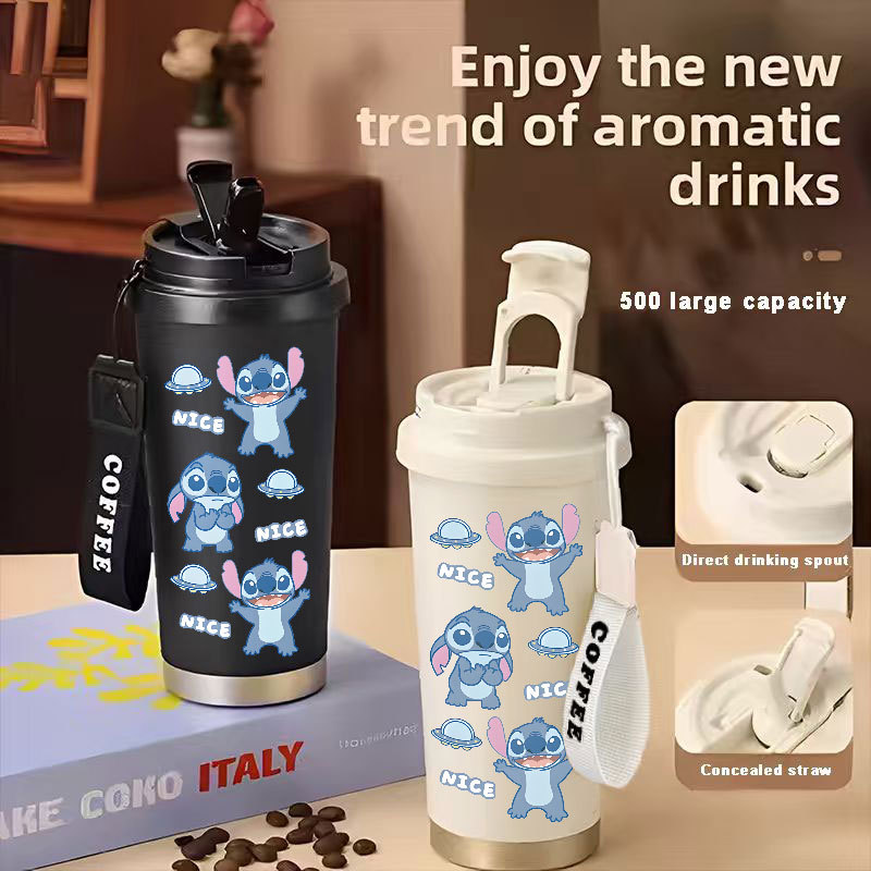 TERMOS Disney Stitch Angel Ohana Tumbler กาแฟถ้วยสแตนเลส 500 ML แก้วสูญญากาศ Thermos ถ้วยกาแฟ CUPLXS