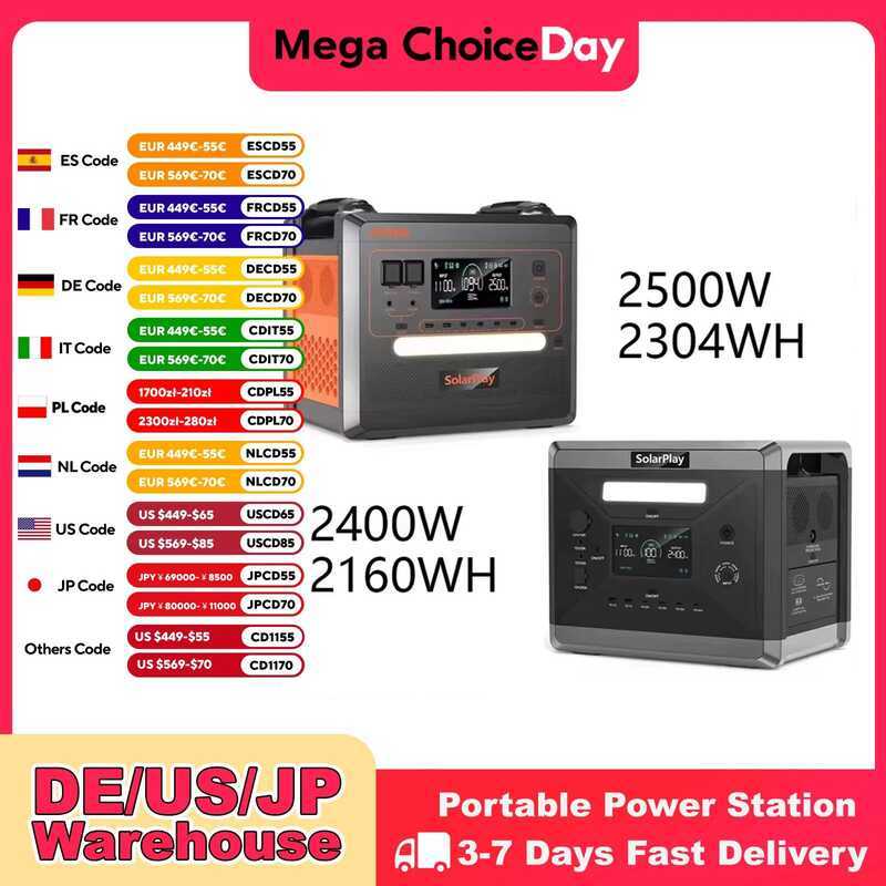 SOLARPLAY สถานีพลังงานพกพา Q2501 แบตเตอรี่ LiFePO4 2160WH พร้อมกำลังไฟฟ้าสูงสุด 2400W 4800W เครื่องก