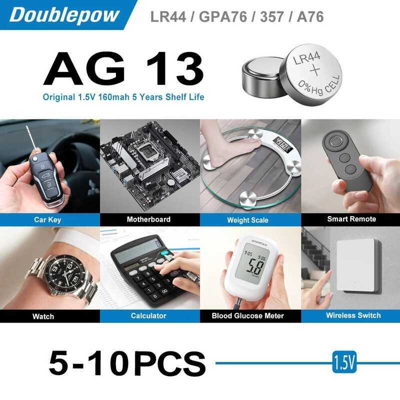 Doublepow แบตเตอรี่กระดุม ของแท้ 5-10 ชิ้น LR44 AG13 1.5V 357 357A A76 GPA76 สำหรับนาฬิกา เครื่องคิด