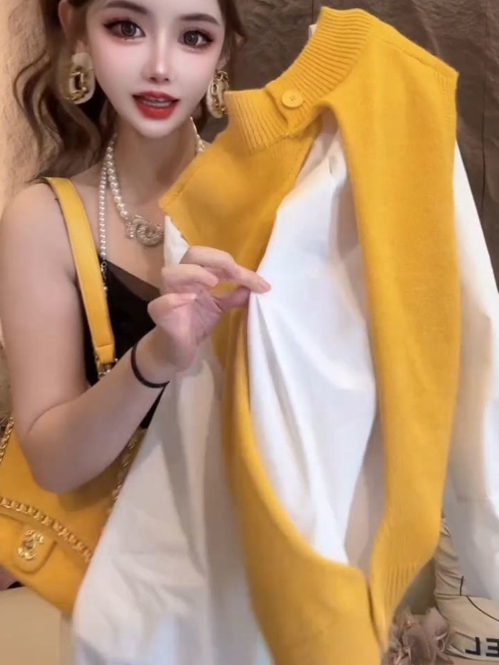 เวอร์ชั่นเกาหลี Classy Age-Reduction Beautiful Back Hollow สีชมพูถักเสื้อกั๊กเสื้อ 2025 ฤดูใบไม้ร่วง