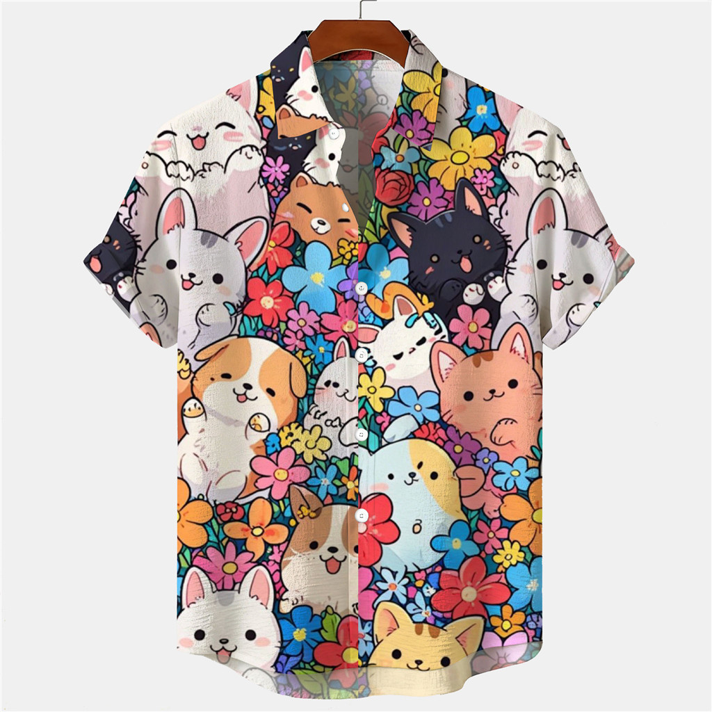 เสื้อลายเชิ้ตฮาวายสำหรับผู้ชายและผู้หญิง พิมพ์ลายสัตว์แมวน่ารัก เสื้อลายสัตว์แขนสั้นสำหรับฤดูร้อน