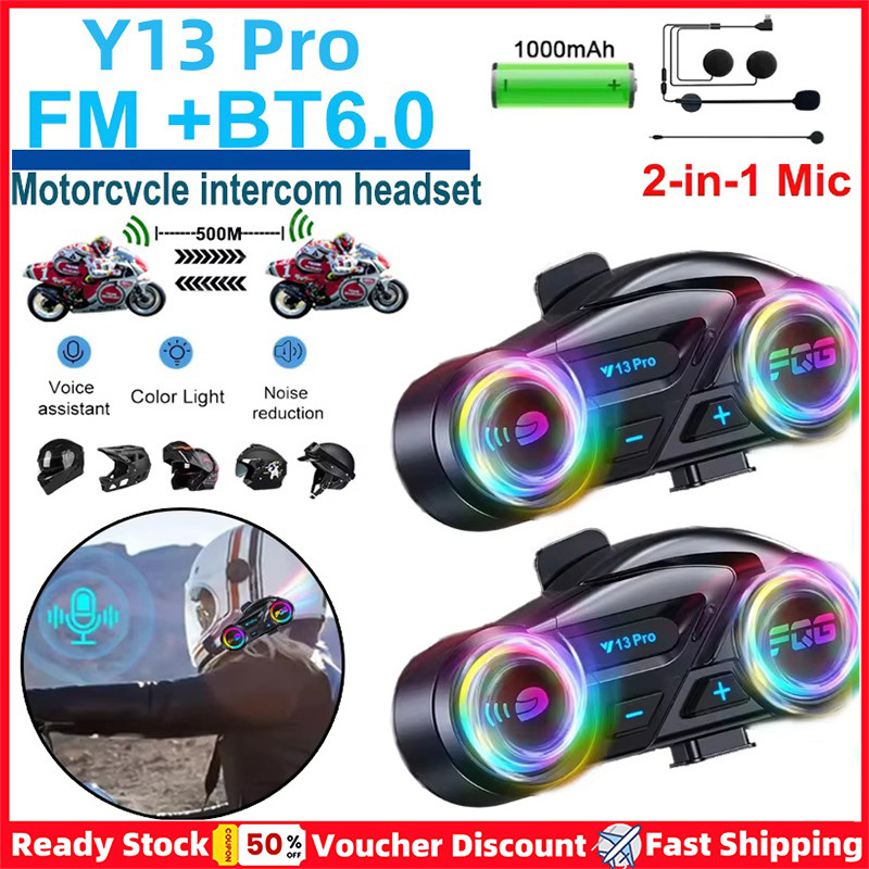 2PCS Y13 Pro บลูทูธรถจักรยานยนต์ 500M Intercom หมวกกันน็อกชุดหูฟัง Ambient Light แฮนด์ฟรี Communicat