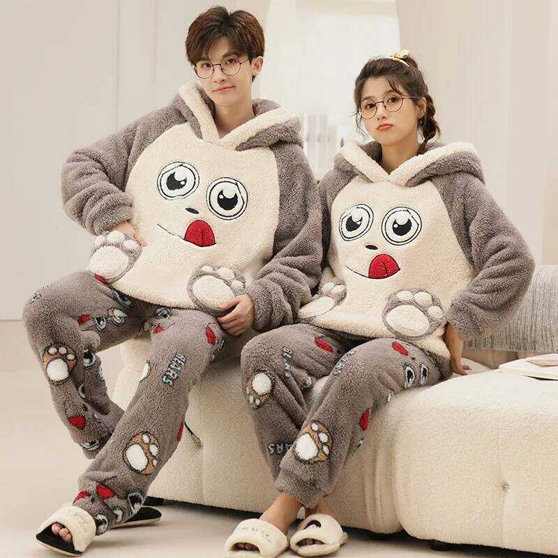 C Winter Women Pajamas Warm Flannel Hooded Pajamas Sets Couple Sleepwear Family Pijama Lover Night
