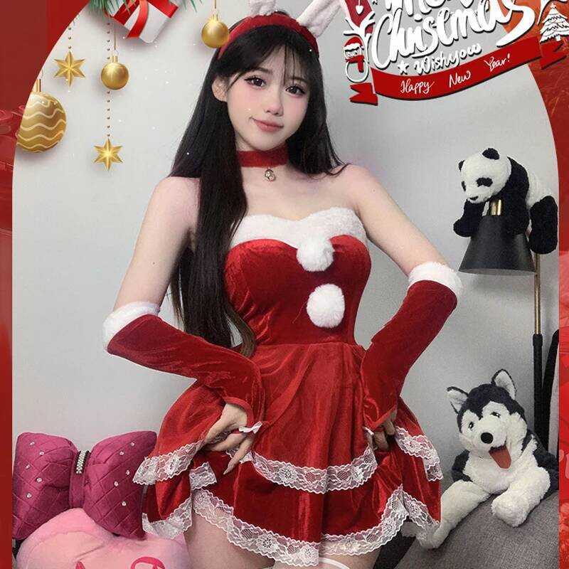 C Sexy Women Christmas Xmas Set Red Dress Choker Hairband Stocking Santa Claus Cosplay Costumes Par
