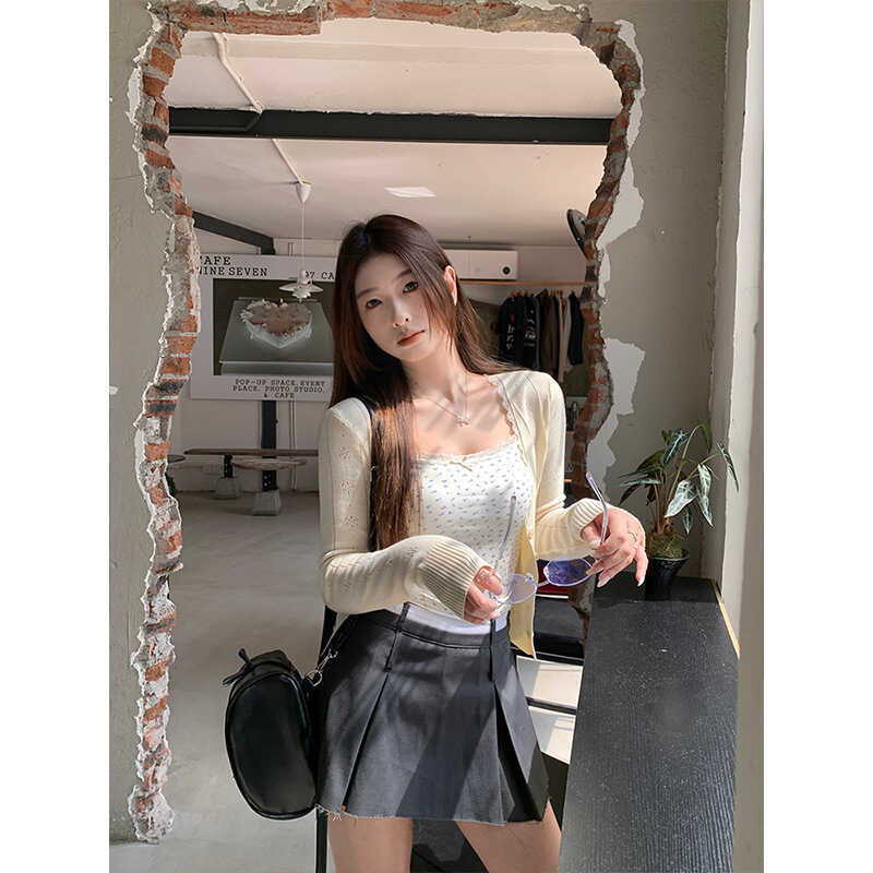 สเวตเตอร์ถักสำหรับผู้หญิง Moses Moss Queen Hollow สำหรับฤดูใบไม้ร่วงปี 2025 ขนาดเล็ก มีสายสะพายไหล่