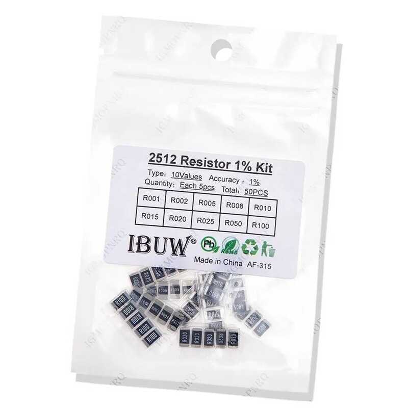 SMD ชุดตัวอย่างตัวต้านทาน 2512 จำนวน 50 ชิ้น, 10 ชนิด X 5 ชิ้น = 50 ชิ้น R001 R002 R005 R008 R010 R0