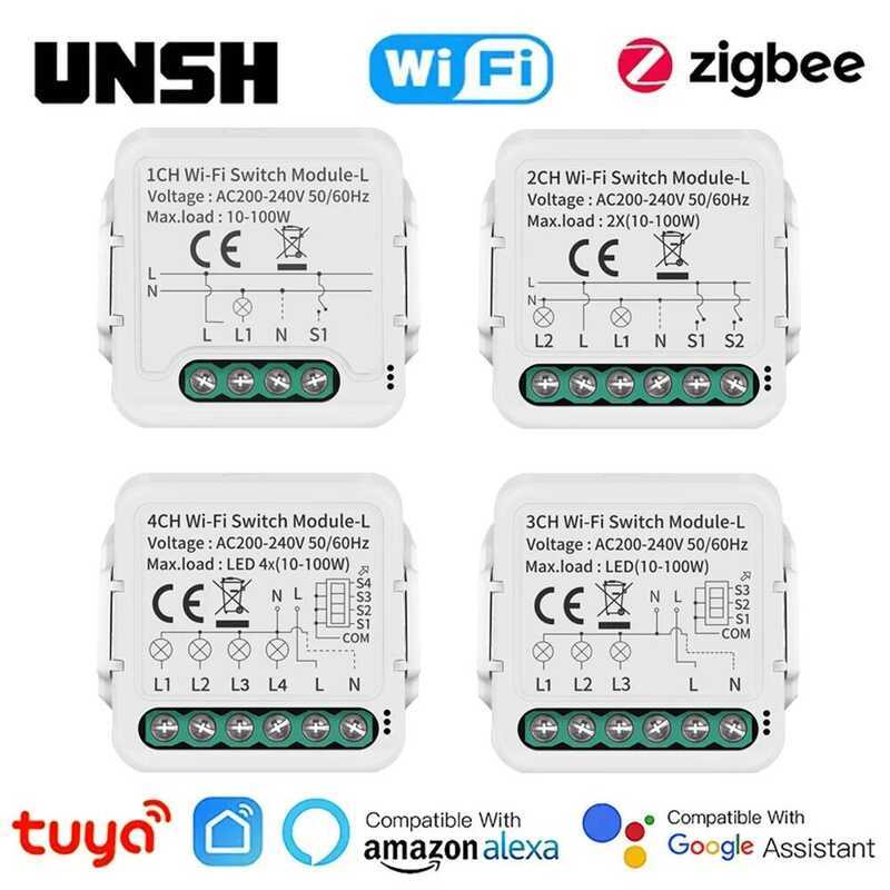2 1 3 4 ชุดสวิตช์ไฟ Tuya WiFi Zigbee ไม่ต้องใช้สายกลาง มินิเบรกเกอร์ รองรับ Smart Life Alexa Google