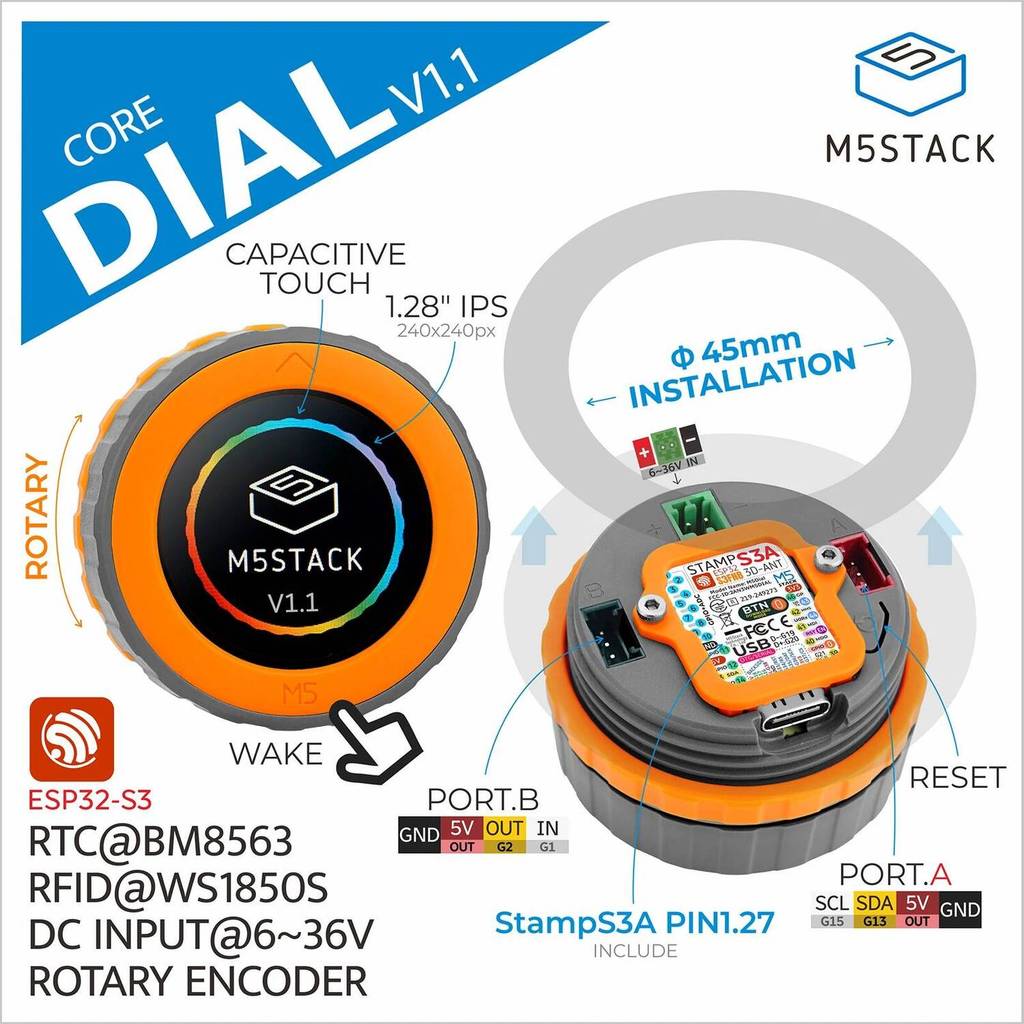 โปรโมชั่นจํากัดเวลา M5Stack Officail Dial v1.1-ESP32-S3 ลูกบิดแบบหมุนอัจฉริยะพร้อมหน้าจอสัมผัสทรงกลม