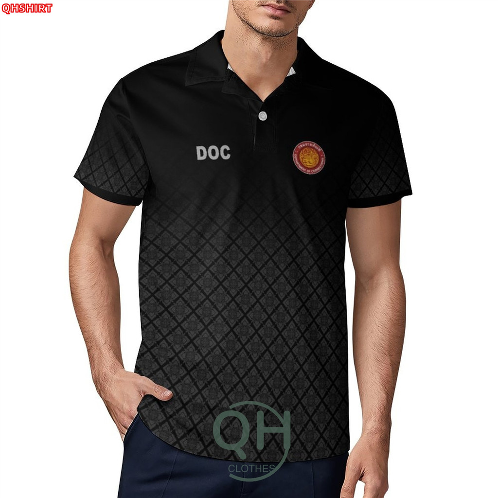 Quick Dry เสื้อโปโลกรมราชทัณฑ์ สีดำงานพิมพ์ลายเนื้อผ้าเม็ดข้าวโพด