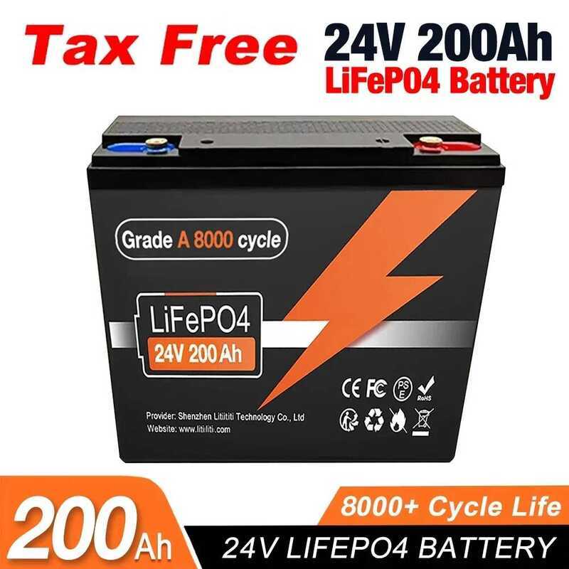 LiFePO4 แบตเตอรี่ 24V 200Ah ใหม่, มี BMS 200A ในตัว, 8000+ รอบ, เหมาะสำหรับ RV/รถบ้าน, พลังงานแสงอาท