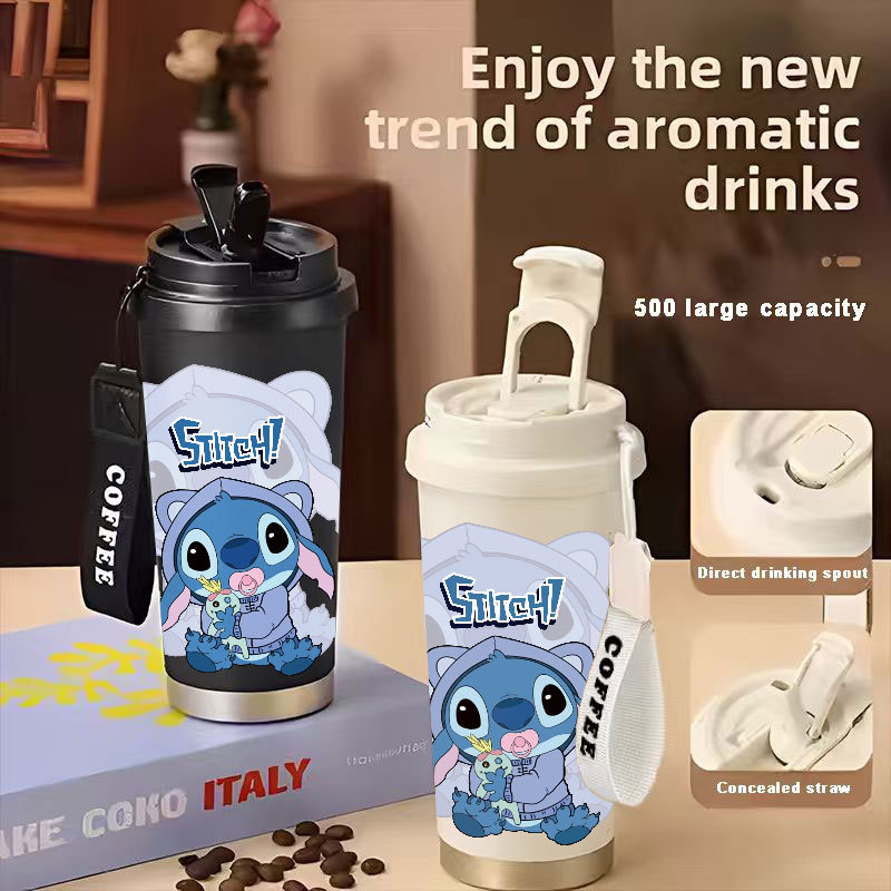 TERMOS Disney Stitch Angel Ohana Tumbler กาแฟถ้วยสแตนเลส 500 ML แก้วสูญญากาศ Thermos ถ้วยกาแฟ CUPLXS