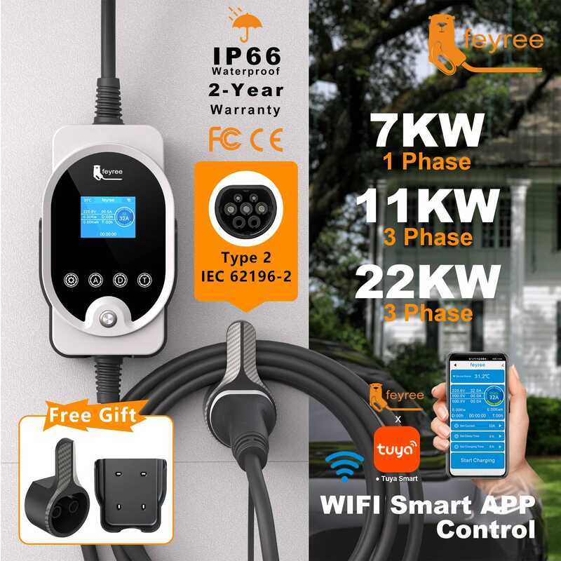 Feyree ที่ชาร์จ Type2 EVSE Wallbox 22KW 11KW 3P ควบคุมผ่านแอปสมาร์ท Wi-Fi 7KW 32A 1P ตั้งค่ากระแสและ