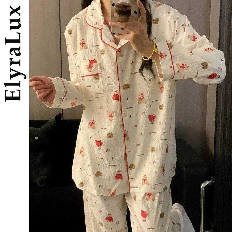 C Elyra Spring And Autumn Women's Pajamas Loungewear Set Cardigan Pajamas Crinkled Fabric Loungewea