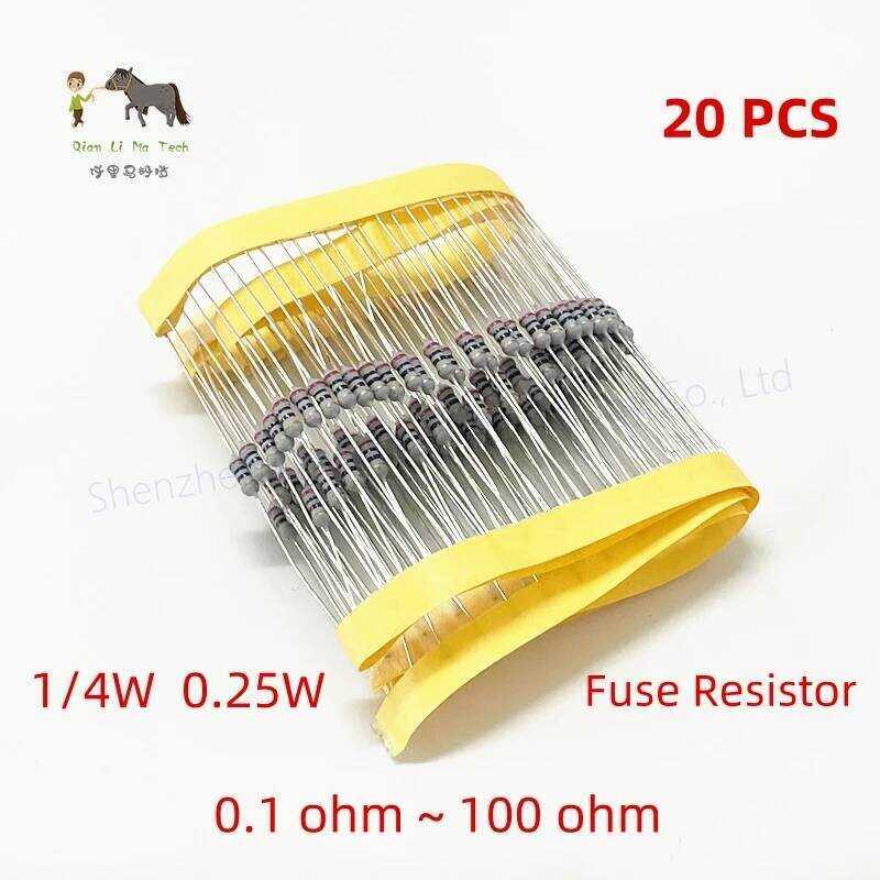 ชิ้น 20 ตัวต้านทานแบบพันลวด 0.25W 5% ตัวต้านทานฟิวส์ 1/4W 0.1R ~ 100R 1R 1.2R 2R 4.7R 6.8R 10R 15R 2