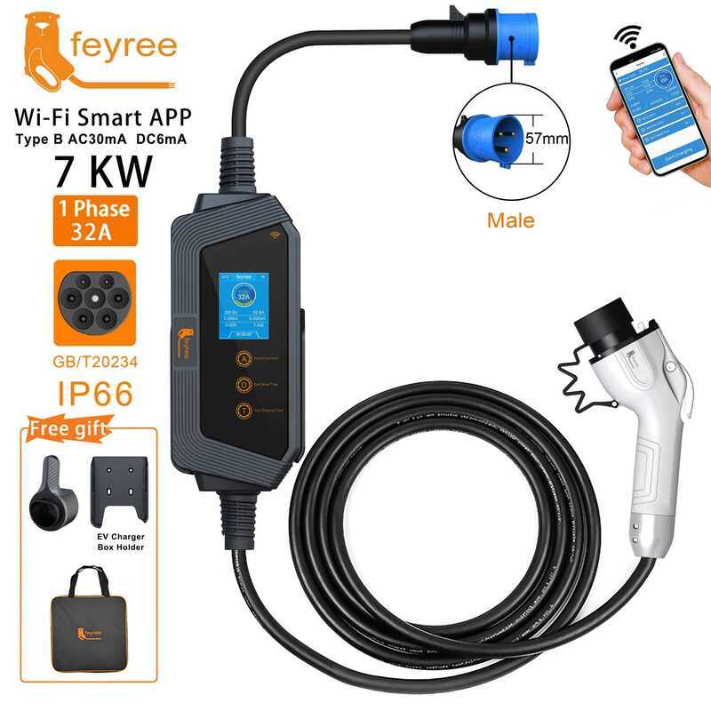 Feyree ที่ชาร์จรถยนต์ไฟฟ้า 7KW 32A ปรับได้ ช่องเสียบ GBT รุ่น APP Bluetooth ตั้งเวลา กล่องชาร์จ EVSE