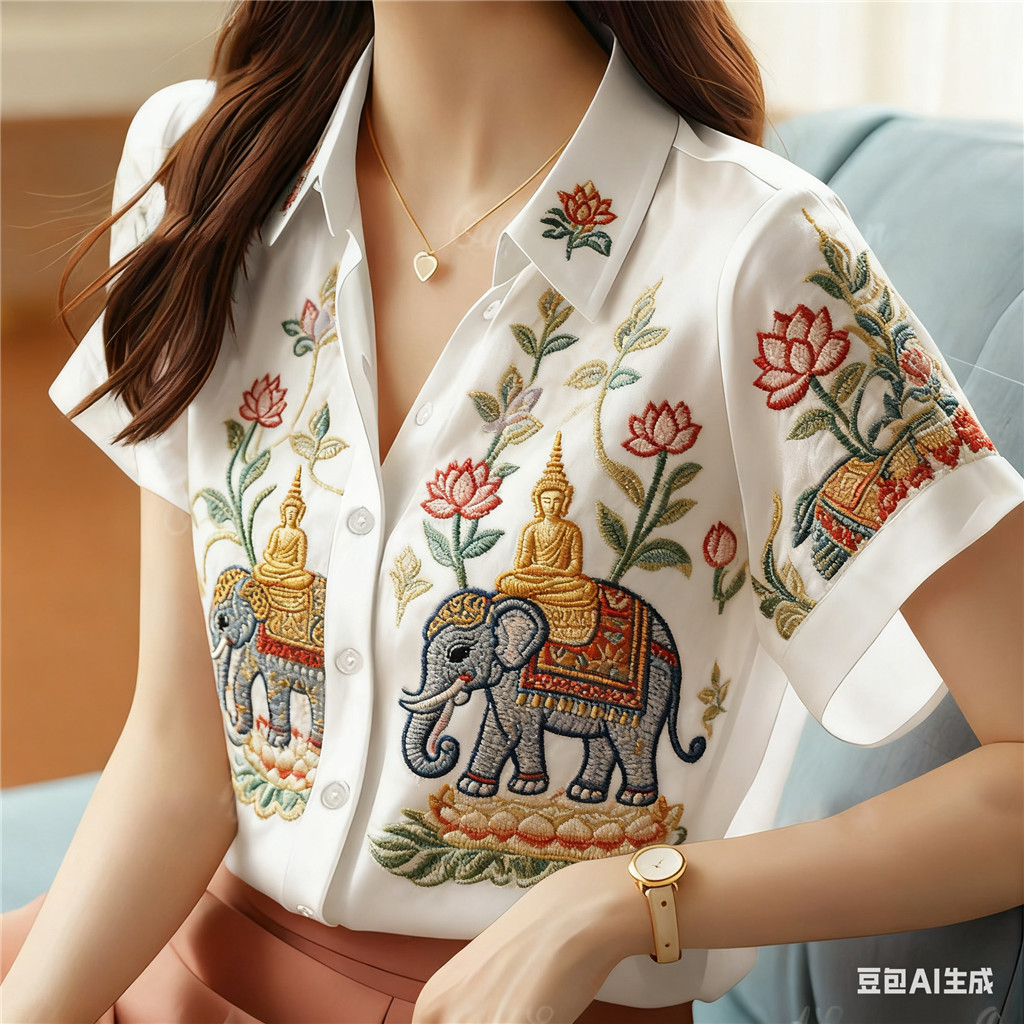 2025 เสื้อเชิ้ตผู้หญิงแขนสั้นสไตล์ไทย-พิมพ์ช้าง,พระพุทธรูป & แบบดั้งเดิม,เสื้อเบลาส์คอปกหรูหราสําหรับแฟชั่นที่แปลกใหม่งบ