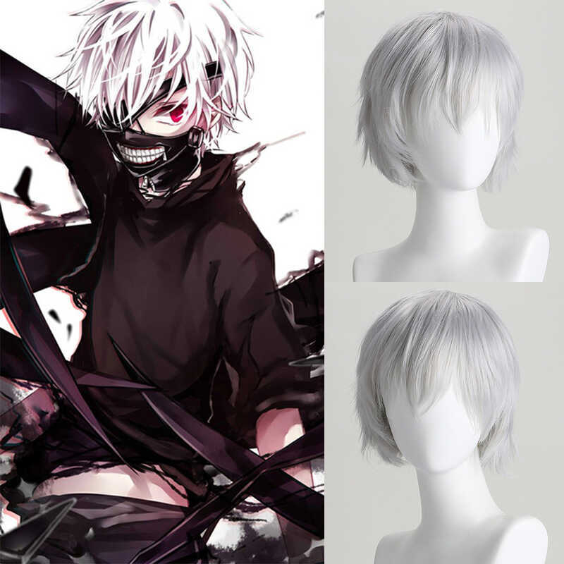 วิกผมCosplay Ghoul Kaneki Ken สีเงินสีขาว สำหรับฮัลโลวีน