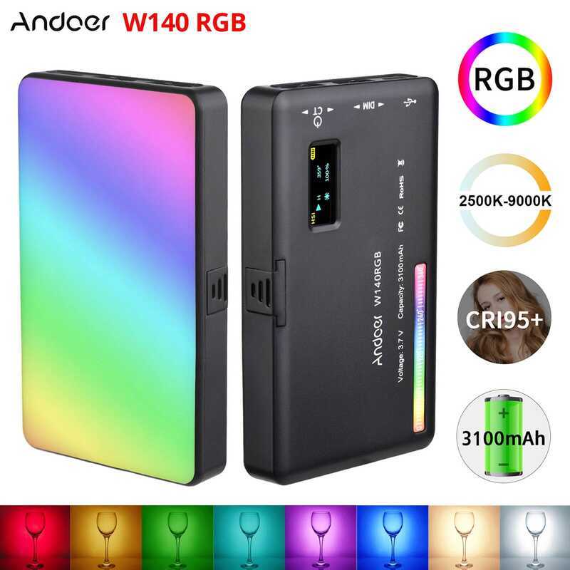 Andoer W140RGB W64RGB LED วิดีโอชาร์จการถ่ายภาพเติมแสง CRI95 + 2500K-9000K หรี่แสงได้สําหรับ Vlog Li