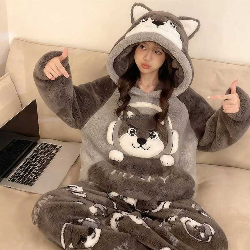 C Winter New Women's Warm Pajamas Cartoon Hooded Sleepwear Suit Women's Coral Fleece Pyjamas Set Th