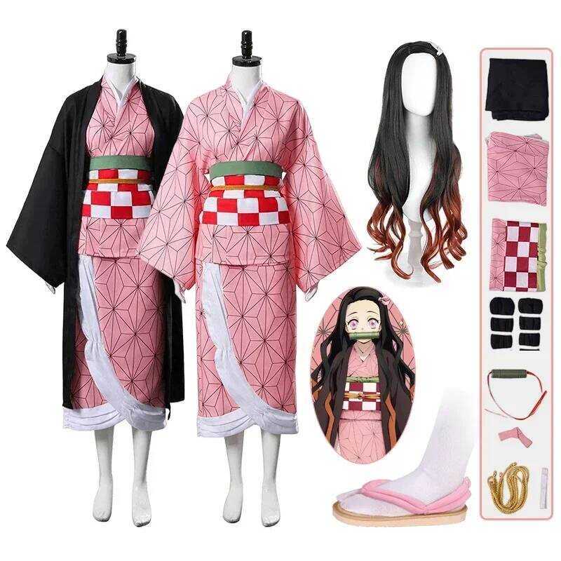 C Anime Kamado Nezuko Cosplay Costume Demon Killer Kimetsu No Yaiba Costumes Kimono Haori Wig Clogs
