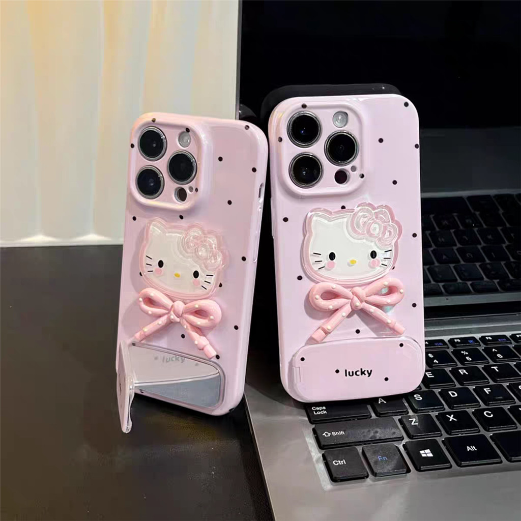 เคสโทรศัพท์ลูกแมวผูกโบว์สีชมพูเหมาะสําหรับ Samsung S20 S24 S23 FE NOTE 20 ULTRA 10 PLUS 9 หรูหราสีชมพูผู้ถือกระจกแต่งหน้าฝาครอบดูดซับแรงกระแทก