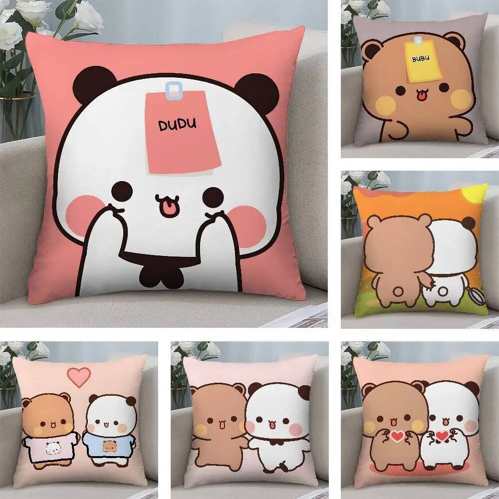 การ์ตูนน่ารัก Bubu Dudu หมอนสั้นตุ๊กตาพิมพ์สองด้านสแควร์โยนหมอนครอบคลุมโซฟา Home Cushion Decor
