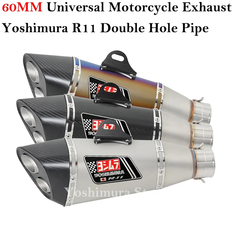 Universal 60MM Yoshimura R11 Double Hole Motorcycle Exhaust Escape Modify Carbon Fiber Muffler For