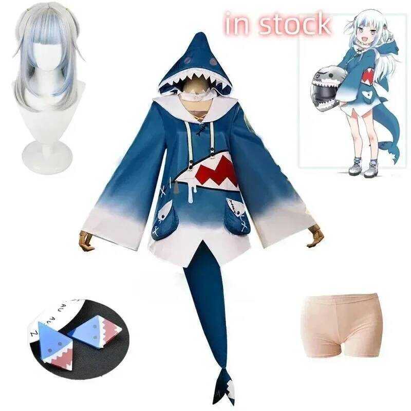 C In Stock Hololive ENG Gawr Gura Cosplay Costume Cute Shark Costume Hoodie For Women Halloween You